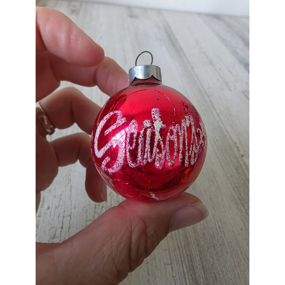 Vintage seasons greetings stencil red glass ornament Xmas tree